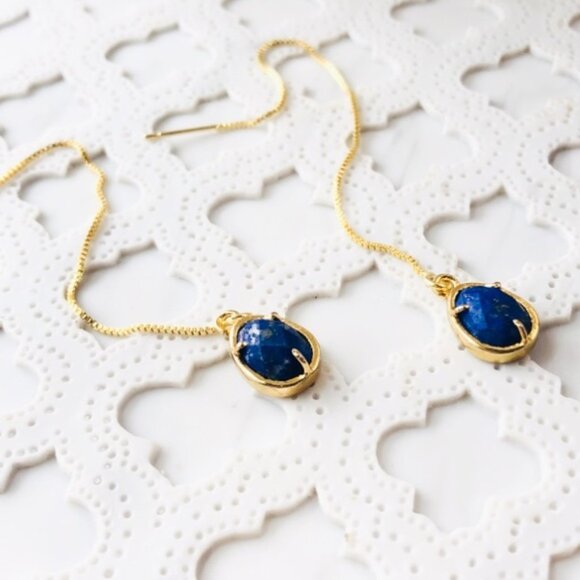 Natural Lapis Lazuli Oval Egg Shape Threader Delicate Gold Earrings - Picture 1 of 5